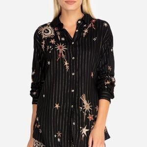 Johnny Was Telesto Boho Celestial Moon Star Embroidered Striped Button Shirt XS